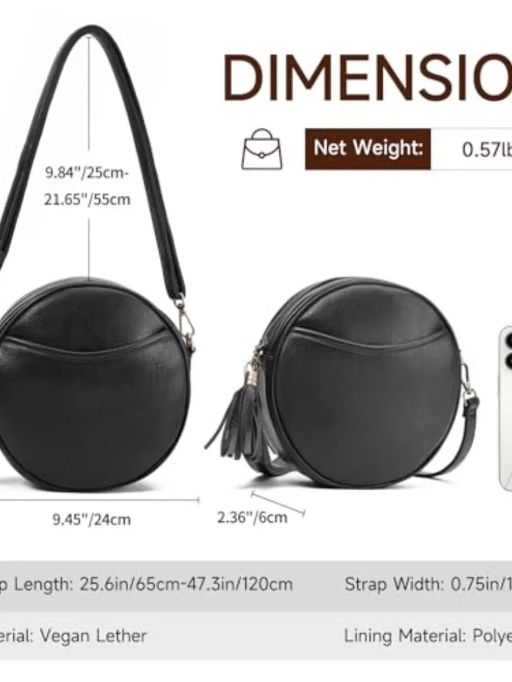 Vegan Leather Crossbody Circle Purse with Adjustable Strap